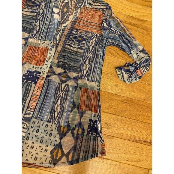 PerSeption Concept Women's Bohemian Sheer Patchwork Button-Down Blouse Sz Large - Picture 2 of 10